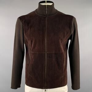 JIL SANDER Size M Brown Leather Wool Zip Up Sweater